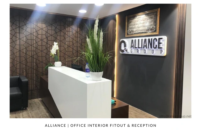 Office Interior Design, Fitout & Reception Counter by ANGC Interiors for Alliance in Abu Dhabi UAE