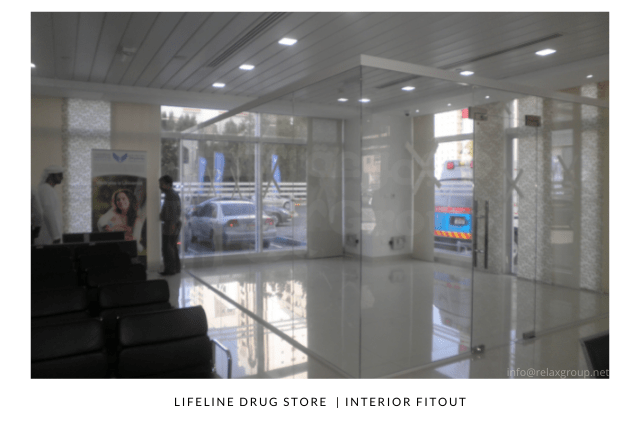 Office Fitout done by ANGC Interiors for Lifeline Drug Store in Abu Dhabi UAE