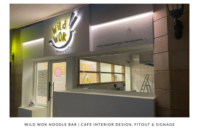 Cafe interior design, signage, fitout and furniture done by ANGC Interiors in Abu Dhabi for client Wild Wok Noodle Bar in Al Ain Abu Dhabi UAE