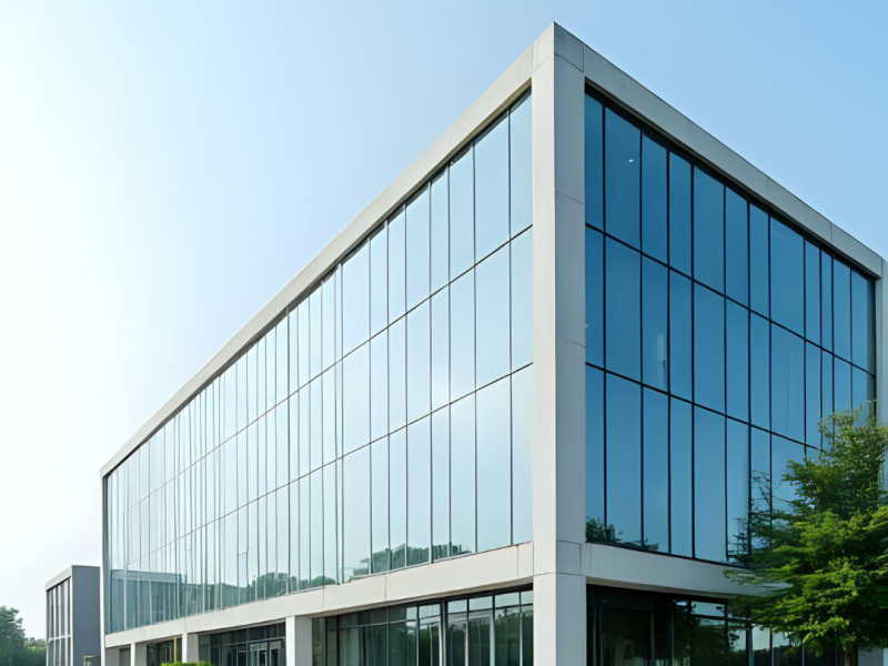 A high-resolution photograph of a modern commercial office building with glass facades and clean architectural lines, captured in bright daylight. No people.
